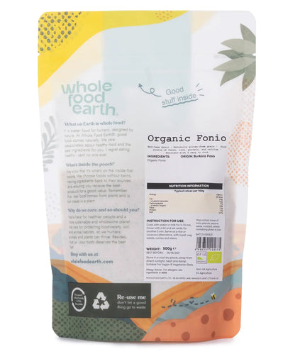 Organic Fonio grains from Whole Food Earth, light beige cereal grains in a clear bag, showcasing the organic rice product.