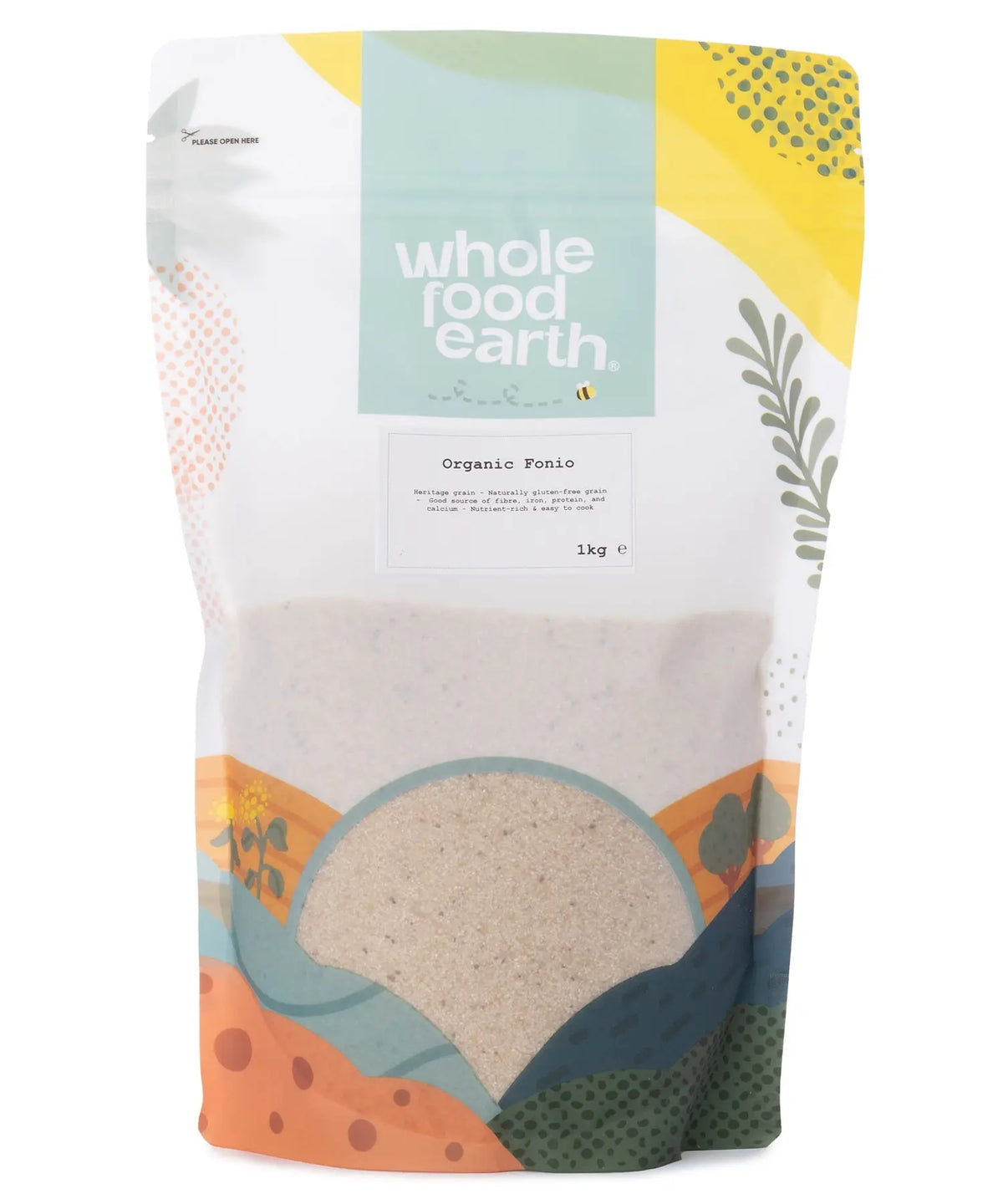Organic Fonio grains from Whole Food Earth, 1kg package, close-up view of tiny, light-colored cereal grains in a clear bag.