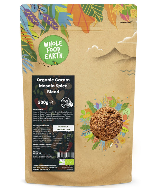 Organic Garam Masala spice blend in a 500g package from Whole Food Earth, featuring a colorful mixture of herbs and spices.