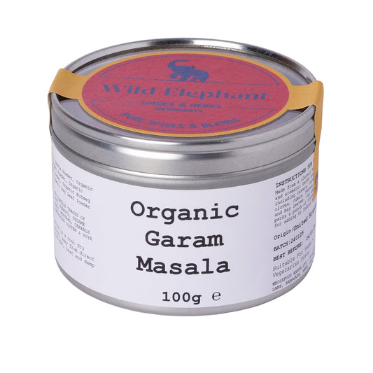 Organic Garam Masala spice blend from Wild Elephant, shown in a 100g package, featuring a colorful mix of herbs and spices.