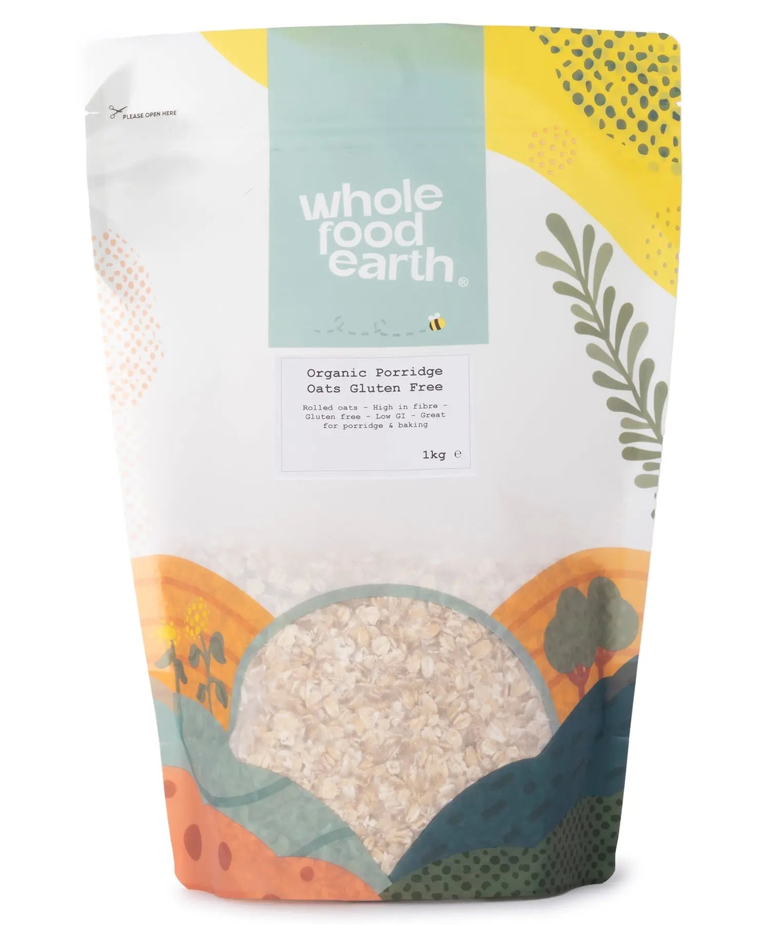Organic gluten-free porridge oats from Whole Food Earth, 1kg pack, displayed in a clear, natural setting with the oats in a bowl.
