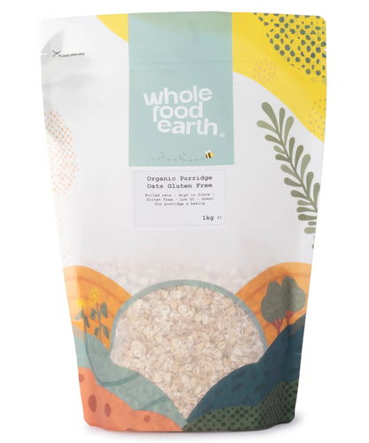 Organic gluten-free porridge oats from Whole Food Earth, 1kg pack, displayed in a clear, natural setting with the oats in a bowl.