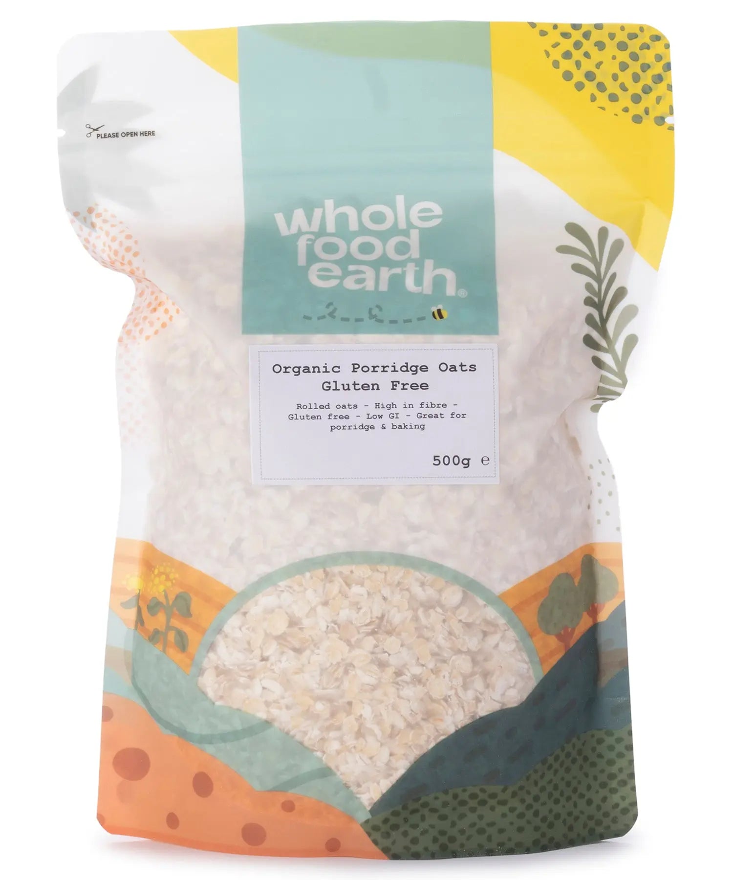Organic gluten-free porridge oats cereal from Whole Food Earth, showing a bowl of prepared oats and a pack of 500g oats.