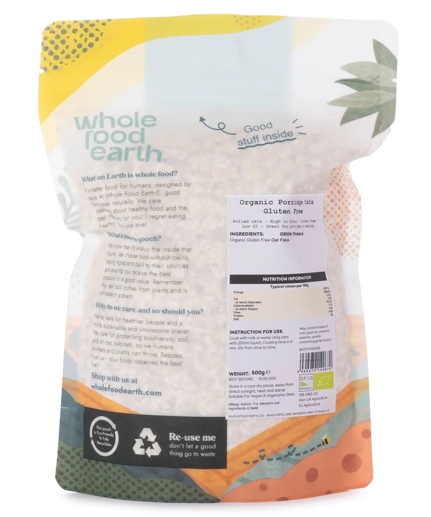 Organic gluten-free porridge oats in a 500g pack by Whole Food Earth, showing a bowl of prepared cereal with oats and toppings.