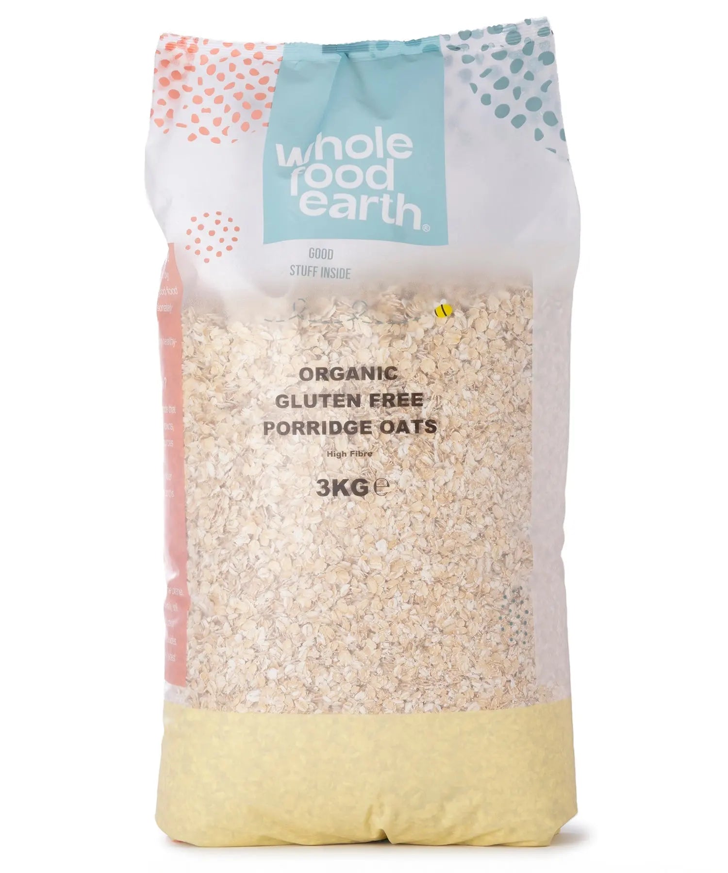 Organic gluten-free porridge oats in a 3kg bag from Whole Food Earth, showing the cereal grains in a clear package.