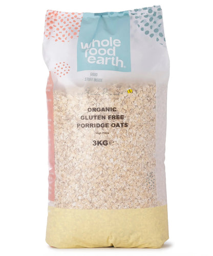 Organic gluten-free porridge oats in a 3kg bag from Whole Food Earth, showing the cereal grains in a clear package.