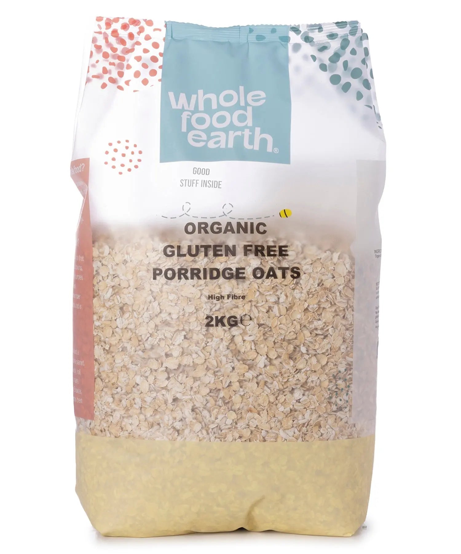 Organic gluten-free porridge oats in a 2kg package from Whole Food Earth, shown in a clear image of the cereal.