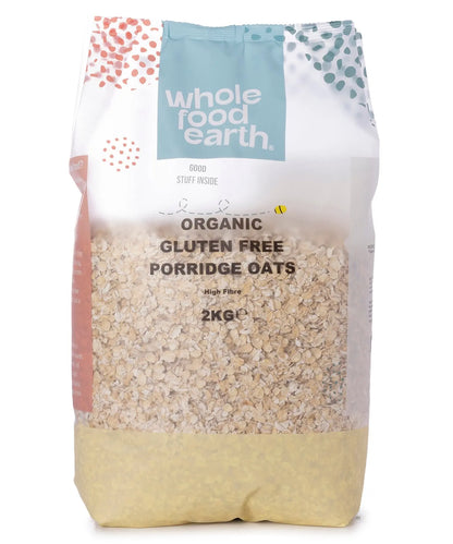 Organic gluten-free porridge oats in a 2kg package from Whole Food Earth, shown in a clear image of the cereal.