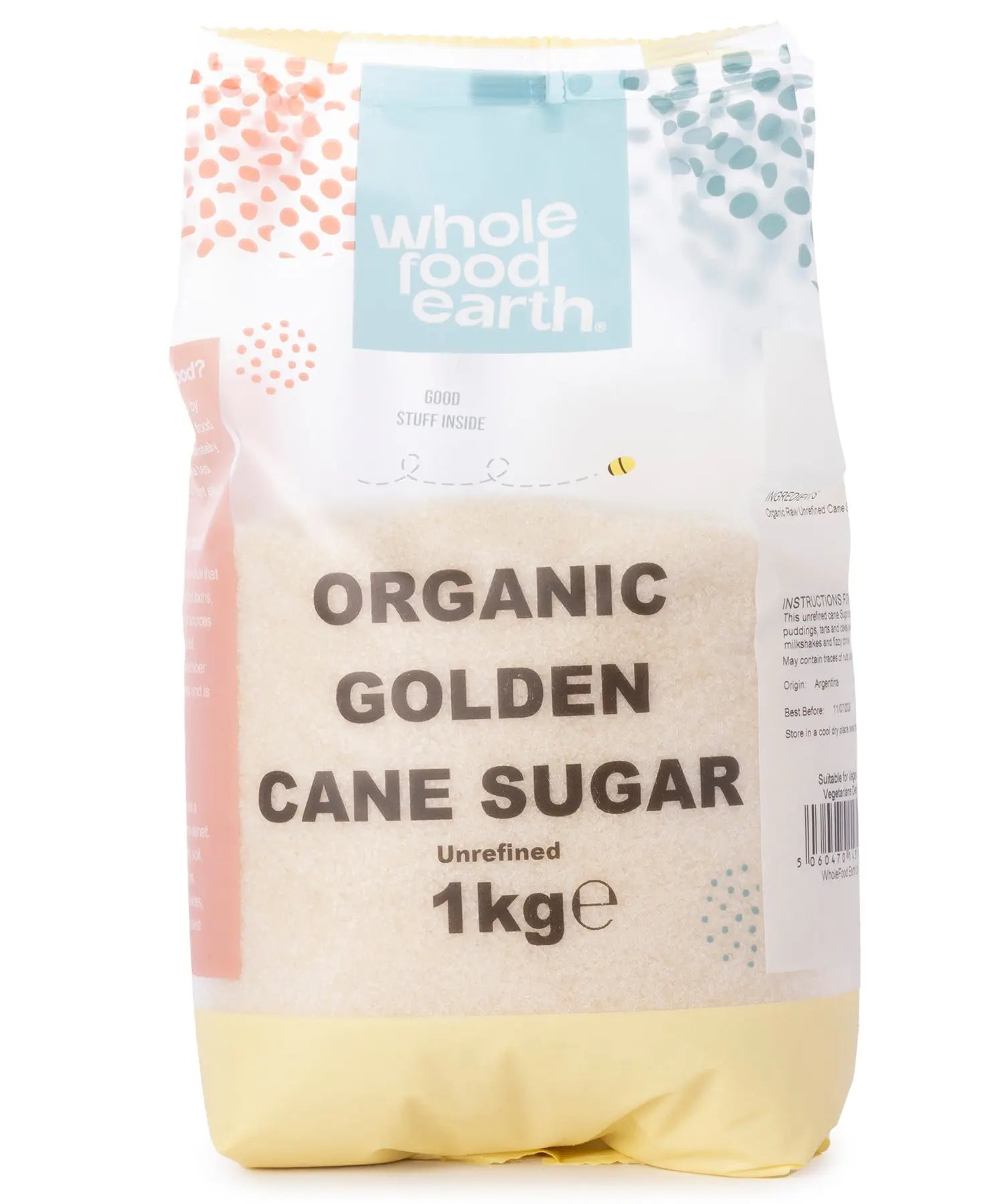 Organic golden cane sugar in a 1kg package from Whole Food Earth, showing the golden crystals of natural sugar.