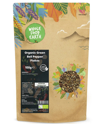 Organic green bell pepper flakes from Whole Food Earth, herbal spice in a 100g package, used for seasoning and flavoring dishes.