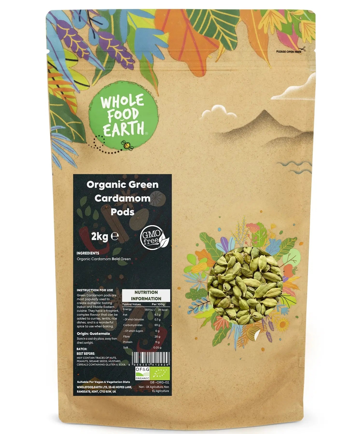 Organic green cardamom pods from Whole Food Earth, display fresh, whole spice pods in a clear, natural setting.