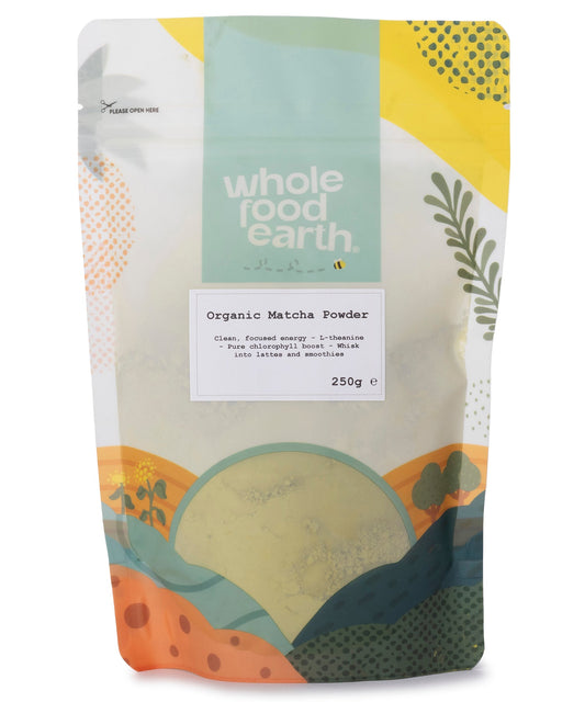Organic green tea matcha powder in a 250g container, from Whole Food Earth, showing vibrant green powdered herbs.