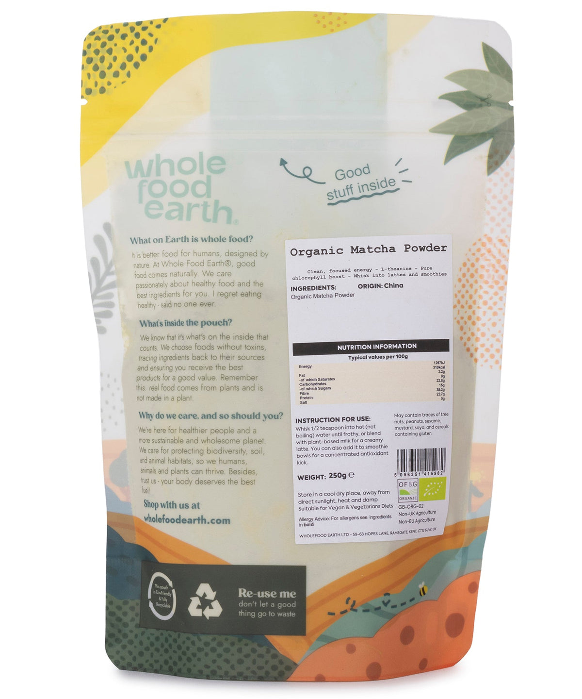 Organic green tea matcha powder in a 250g package by Whole Food Earth, vibrant green powder for tea and cooking.