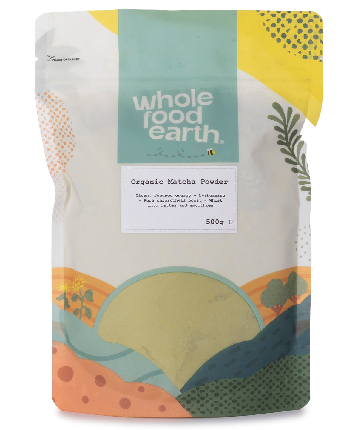 Organic green tea matcha powder from Whole Food Earth, finely ground bright green herbal spice in a 500g package.