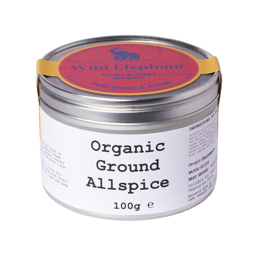 Organic ground allspice from Wild Elephant, 100g jar, natural herbs and spices for cooking and baking.
