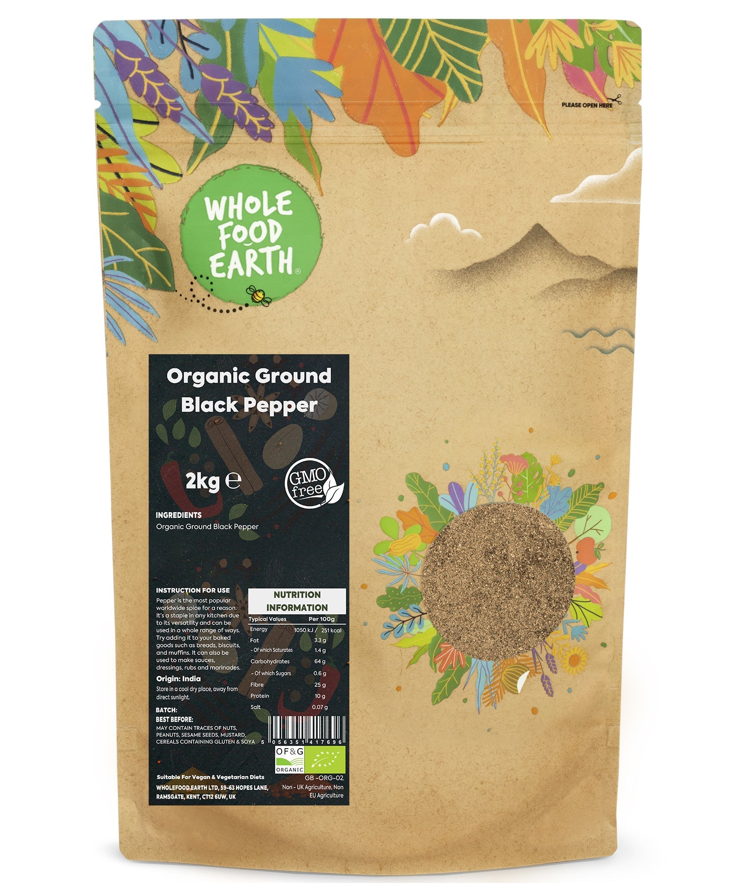 Organic ground black pepper from Whole Food Earth, 2kg, in a clear jar showing freshly ground black pepper for herbs and spices.