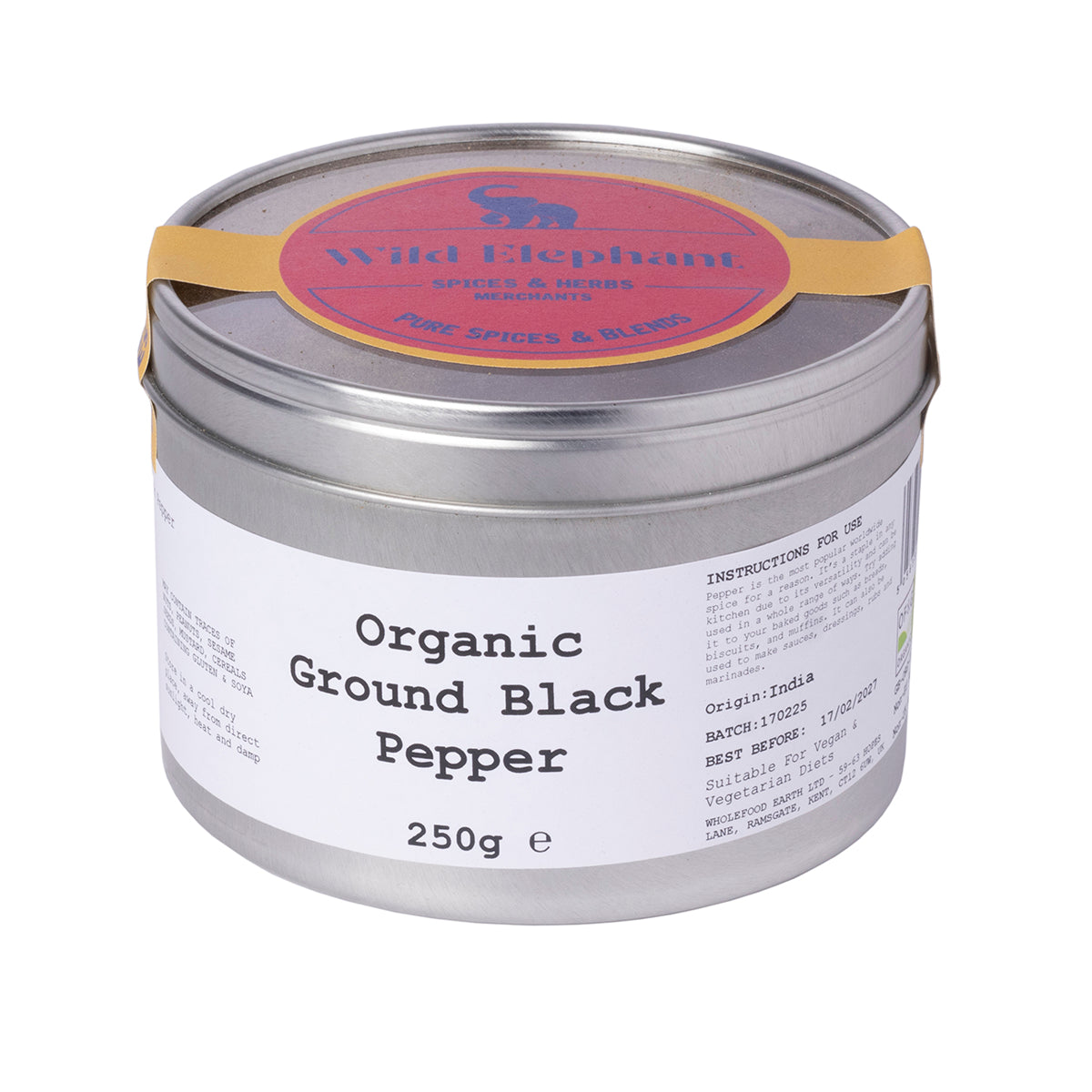 Organic ground black pepper from Wild Elephant, Whole Food Earth herbs and spices, shown in a clear glass jar with black peppercorns