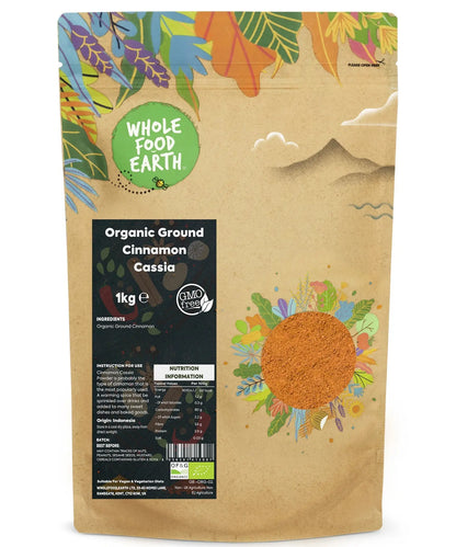 Organic ground cinnamon cassia in a 1kg jar, a natural herbs and spices product from Whole Food Earth with a rich, warm aroma.