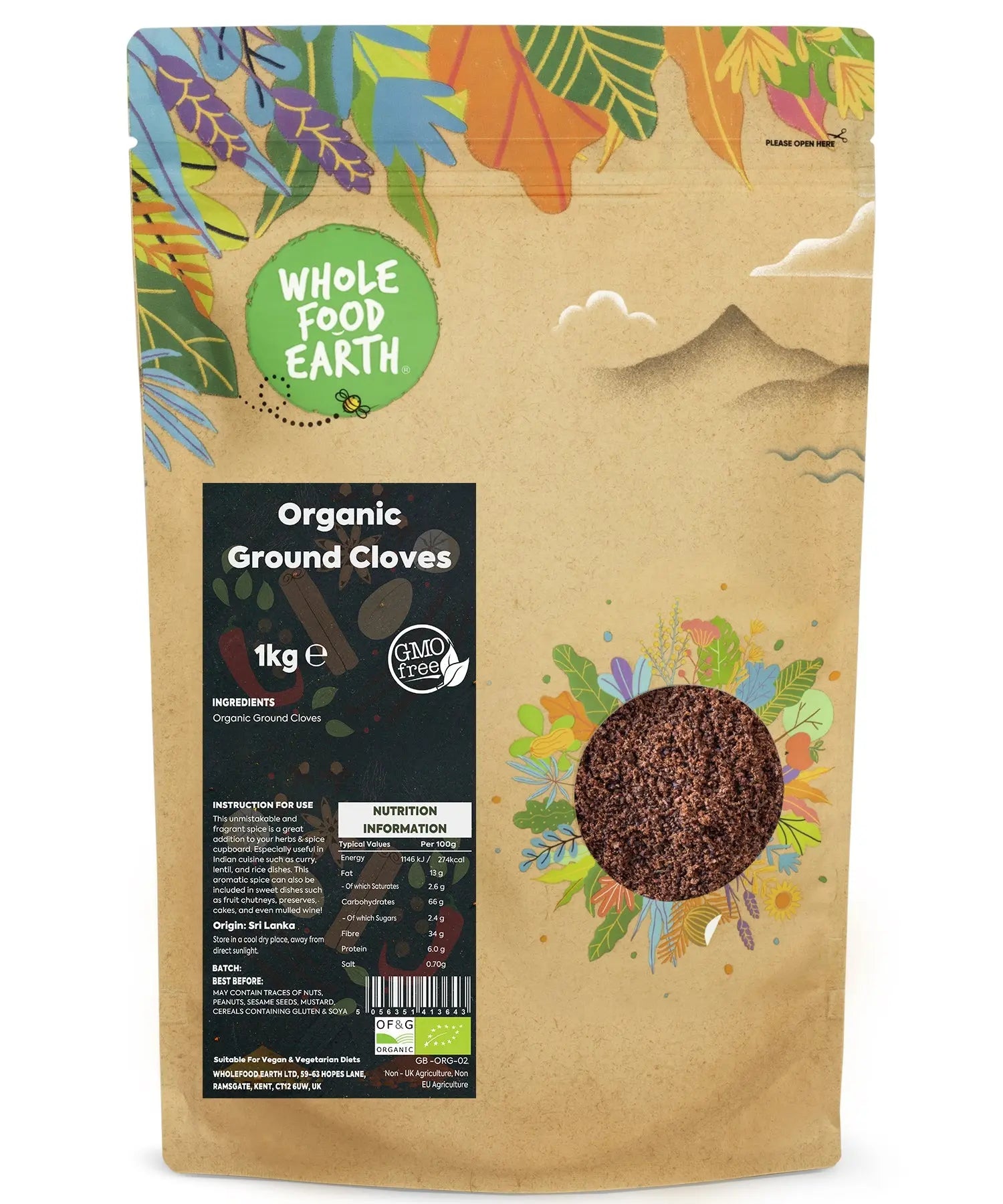 Organic ground cloves from Whole Food Earth, 1kg package, showing finely ground dark brown spice in a clear jar.