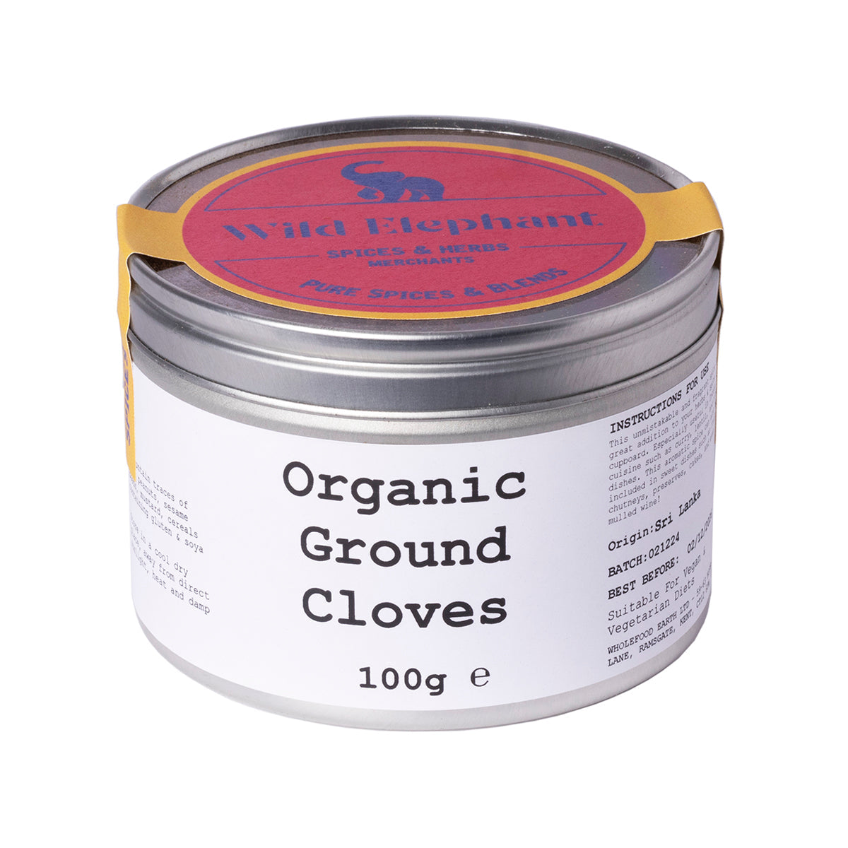 Organic ground cloves from Wild Elephant, 100g, in a clear jar, showing the dark, aromatic spice used in cooking and baking.