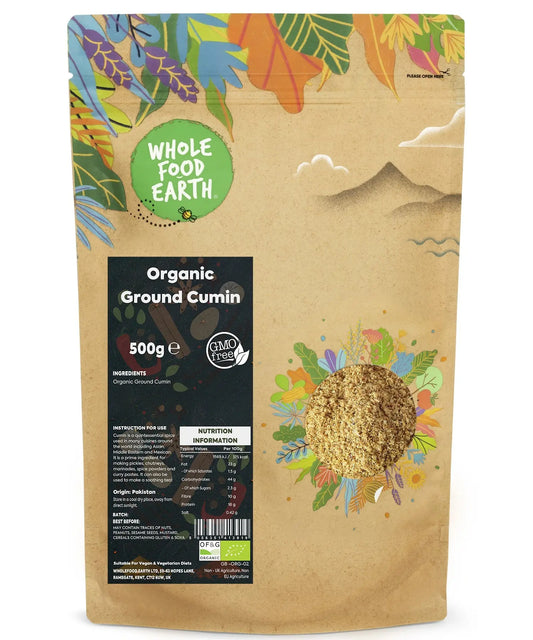 Organic ground cumin in a jar, Whole Food Earth brand, 500g, showcasing the earthy brown spice used in cooking and seasoning.
