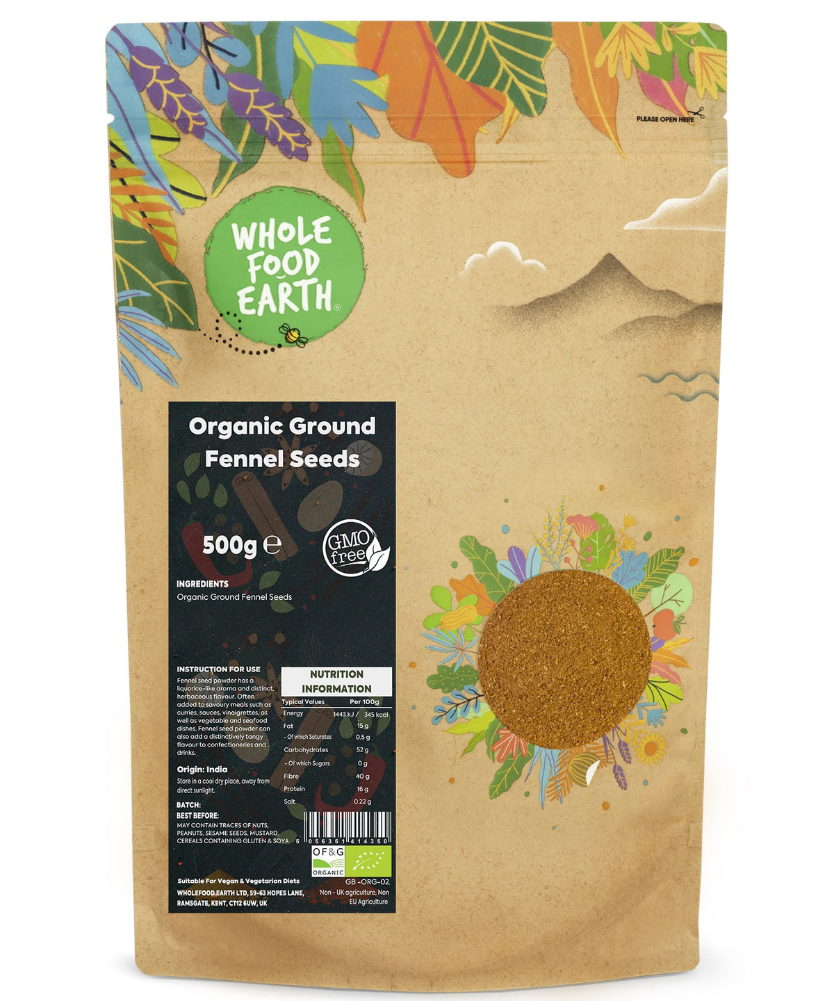 Organic ground fennel seeds from Whole Food Earth, 500g, showing fine yellowish-brown spice in a clear container.