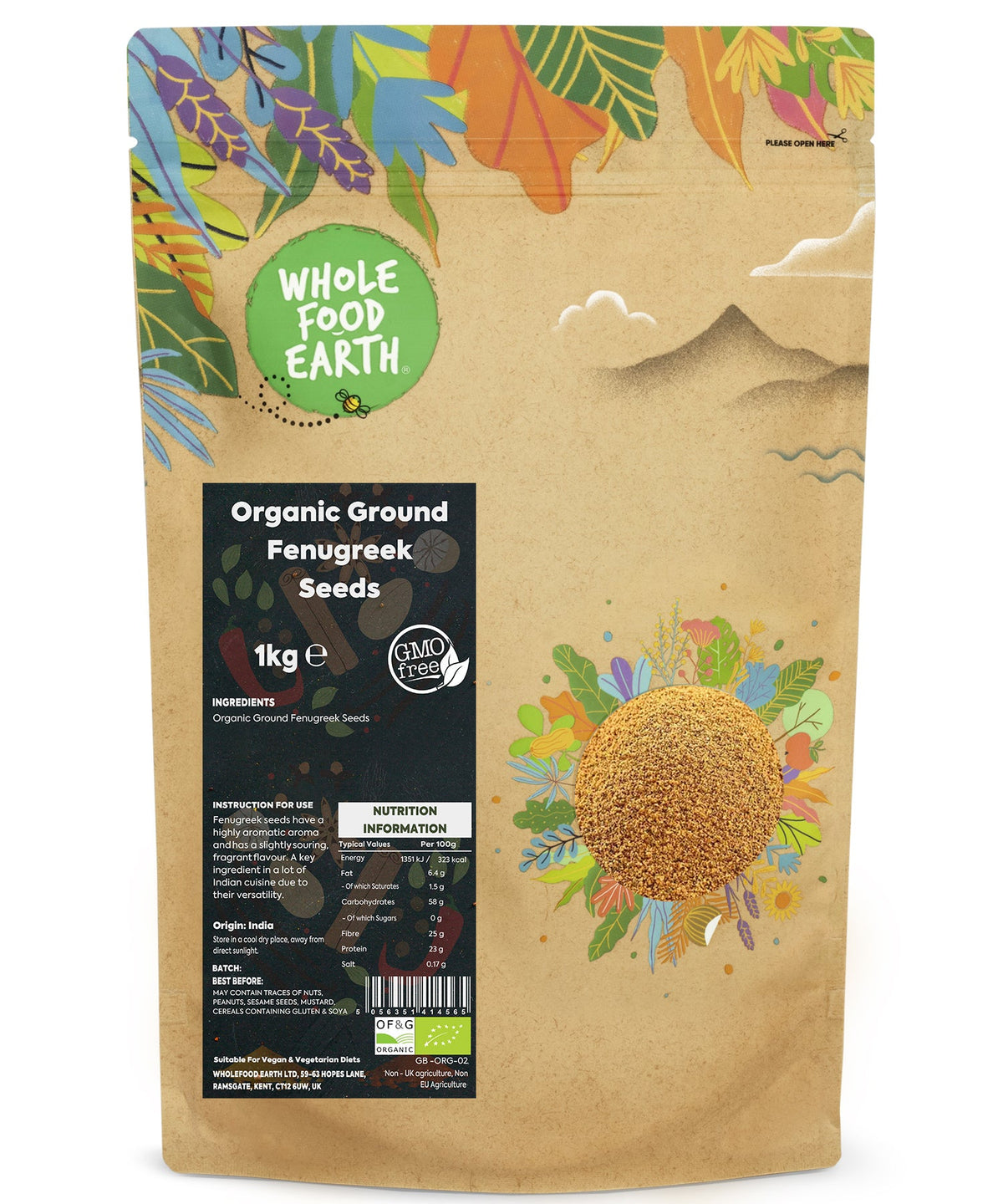 Organic ground fenugreek seeds from Whole Food Earth in a 1kg package, showing fine, golden-brown spice grains for herbs and spices.