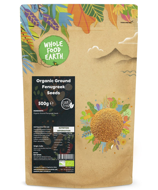 Organic ground fenugreek seeds in a 500g package, fresh herbs and spices by Whole Food Earth for cooking and seasoning.