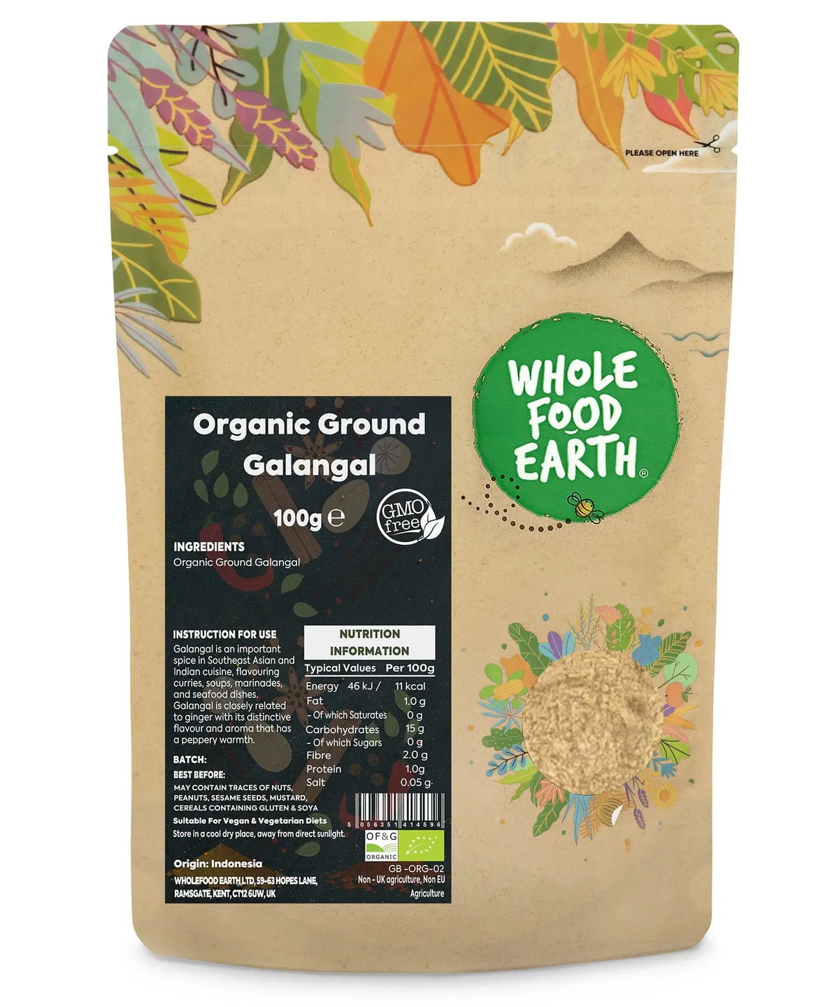 Organic ground galangal spice from Whole Food Earth, showing a 100g package of fresh ground galangal roots for cooking and seasoning.