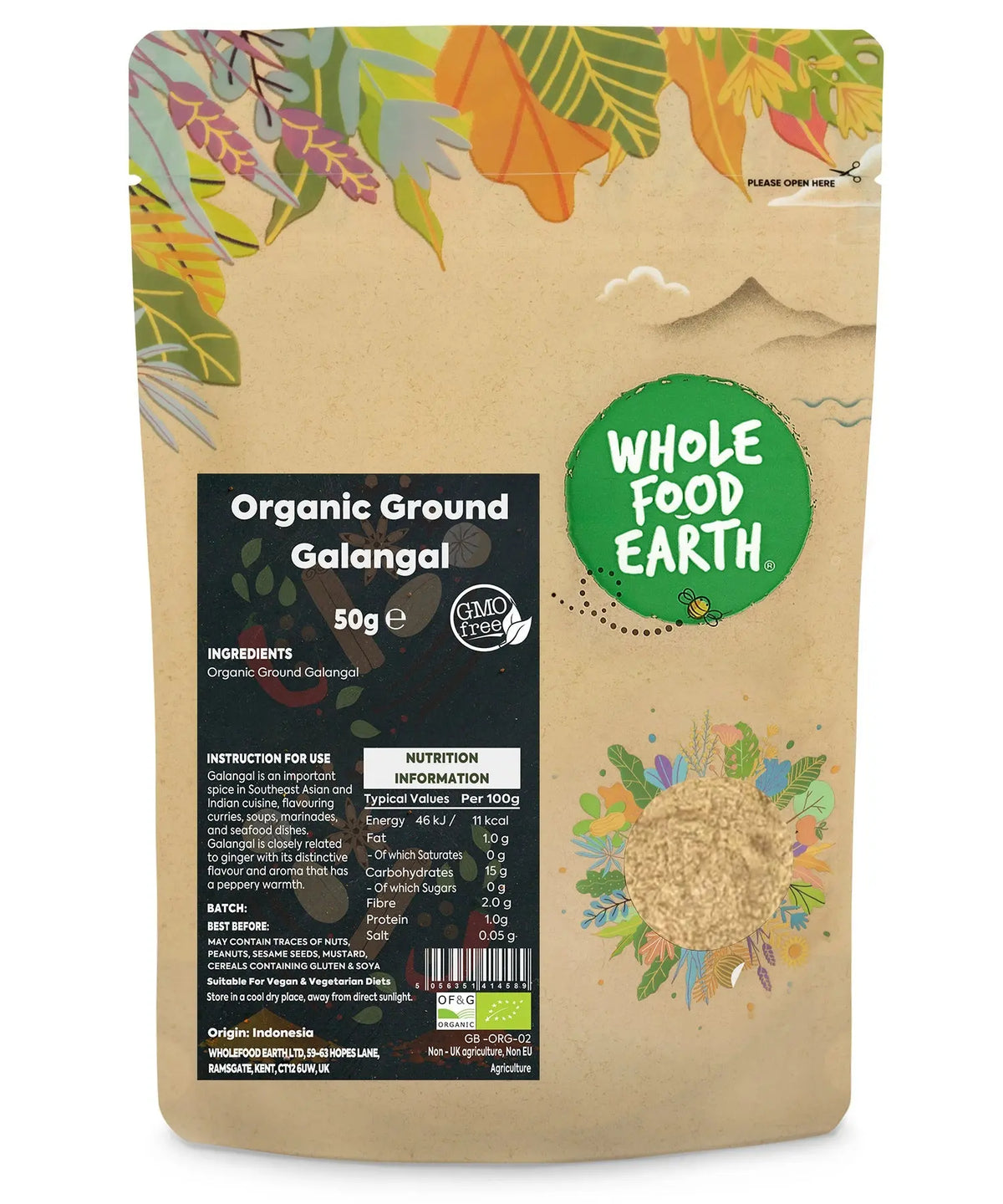 Organic Ground Galangal from Whole Food Earth, a 50g package of fresh, finely ground herbal spice for cooking and seasoning.