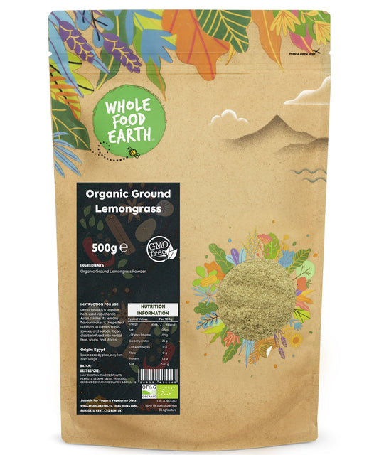 Organic Ground Lemongrass from Whole Food Earth, 500g, herbal spice in a clear jar showing bright yellow ground lemongrass powder.