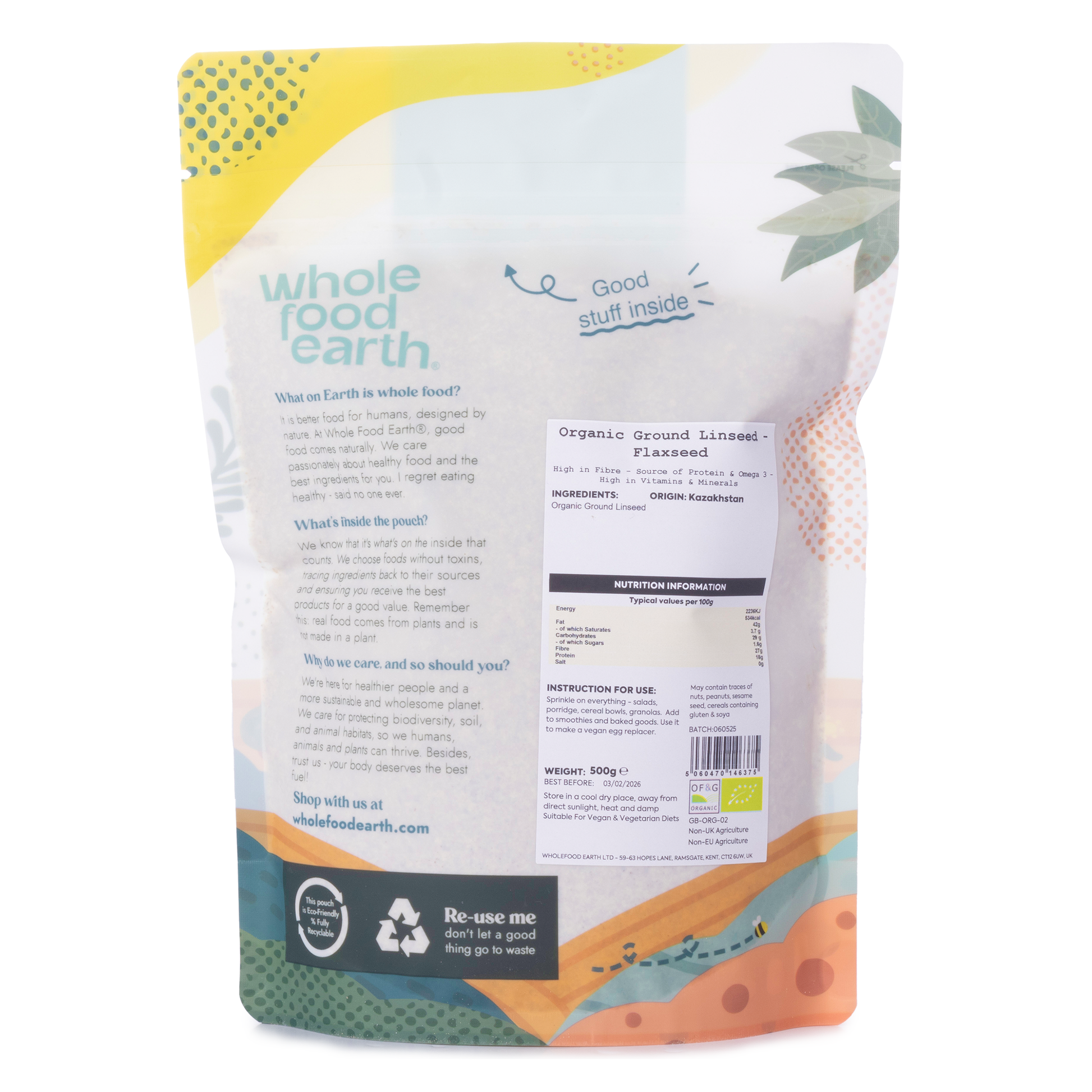 Organic ground flaxseed from Whole Food Earth in a 500g package, showing the finely ground, golden-brown linseed product.
