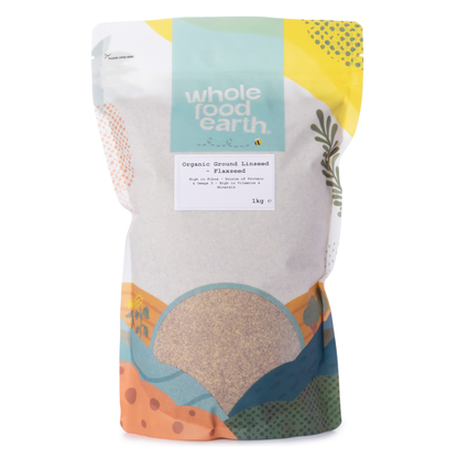 Organic ground flaxseed from Whole Food Earth, 1kg packet of organic ground linseed, showing the flaxseed texture and packaging.