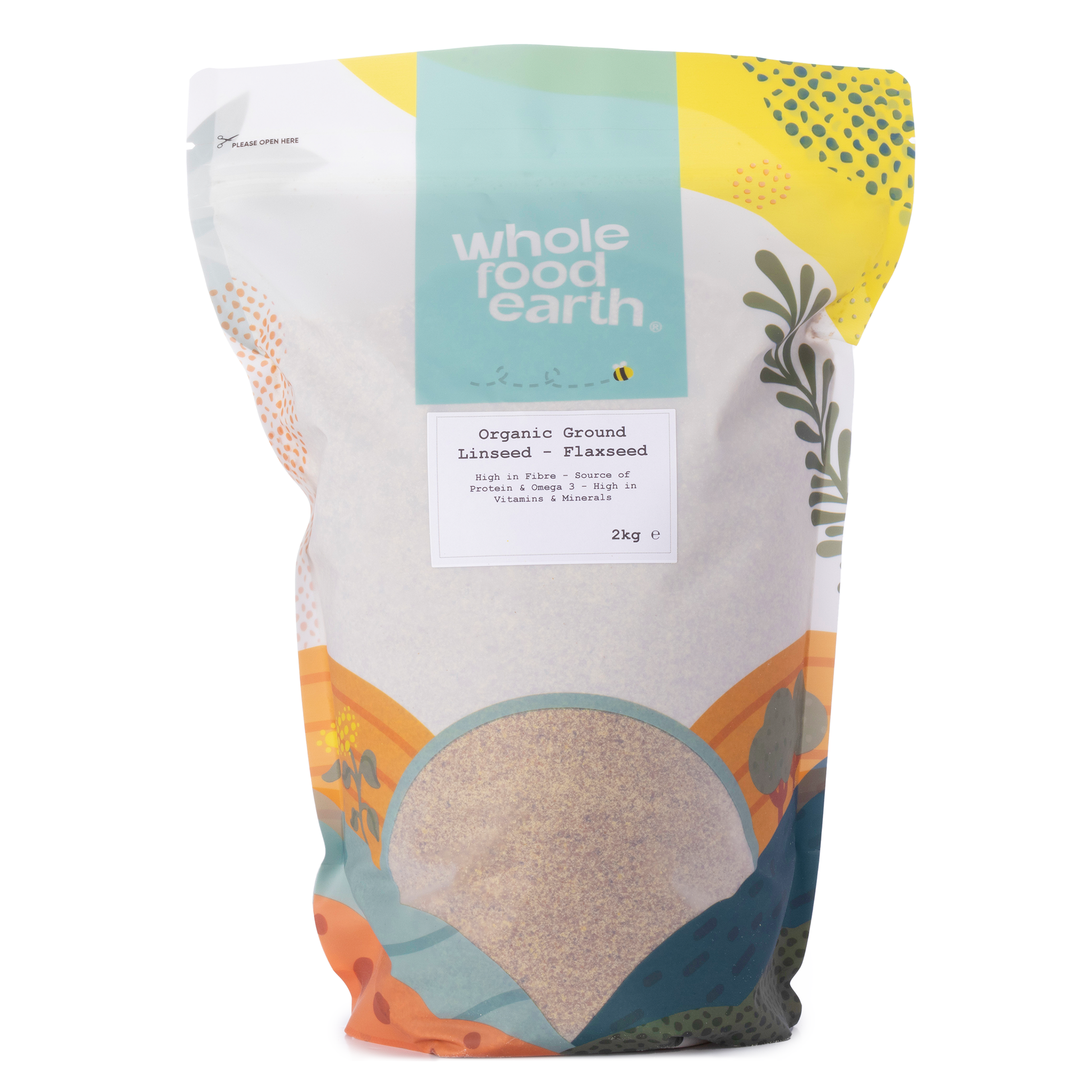 Organic ground flaxseed from Whole Food Earth, in a 2kg bag, showing the natural brown flaxseed grounds for healthy eating.