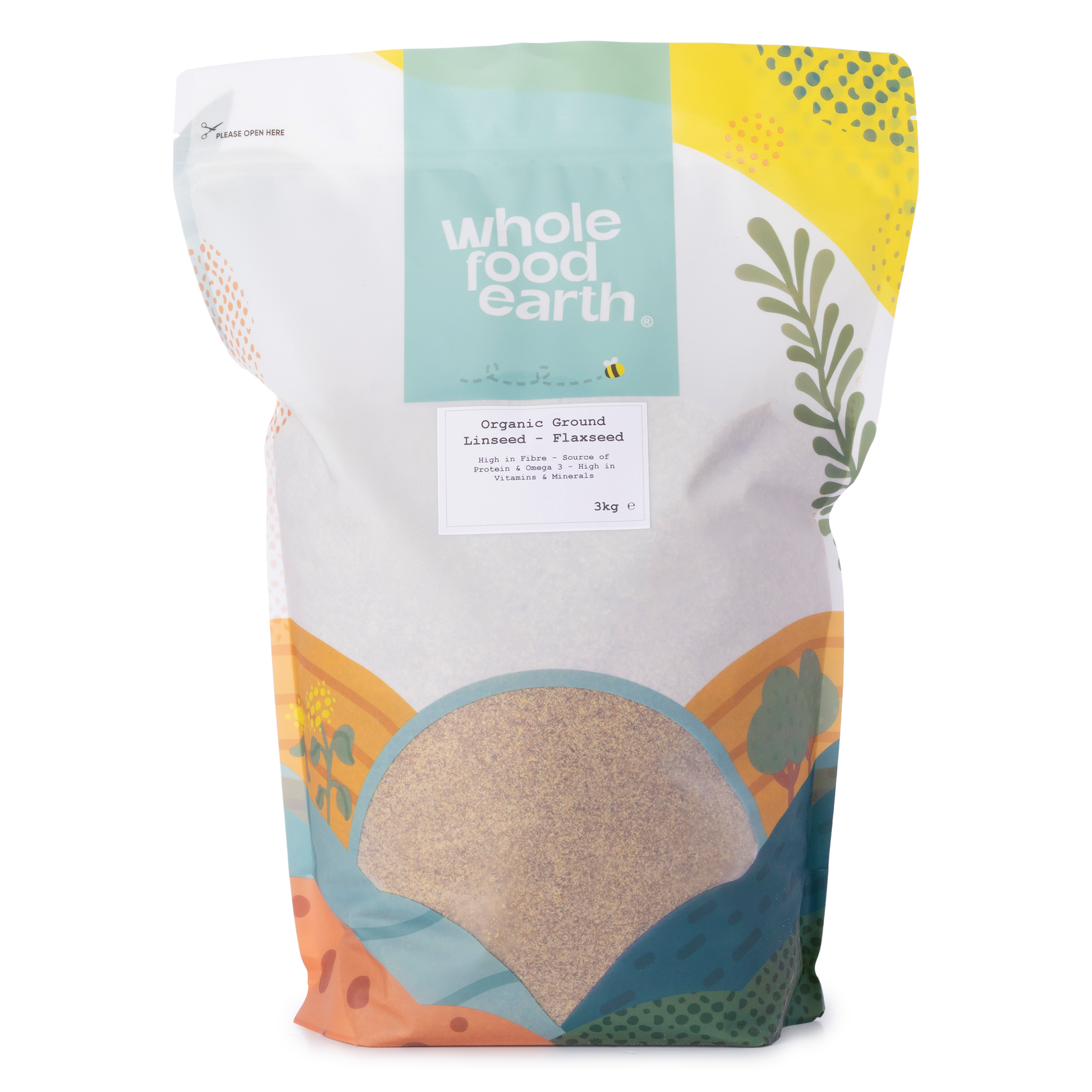 Organic ground flaxseed from Whole Food Earth, gluten-free organic linseed in a 3kg bag, shown in a clear image.