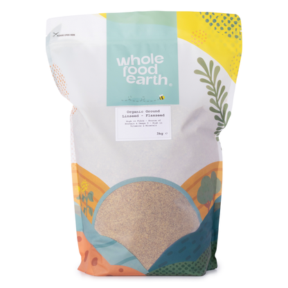 Organic ground flaxseed from Whole Food Earth, gluten-free organic linseed in a 3kg bag, shown in a clear image.