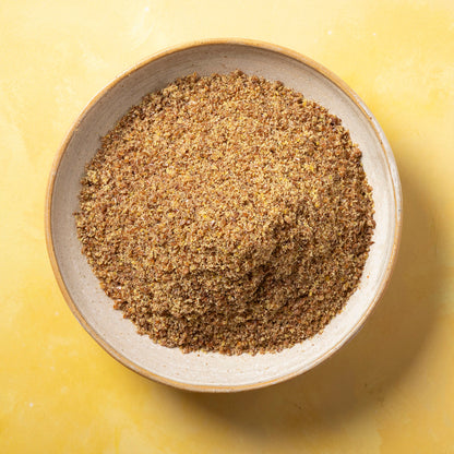 Organic ground flaxseed from Whole Food Earth, organic ground linseed showing a close-up of the flaxseed powder.