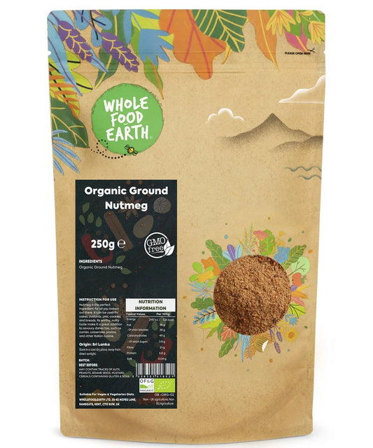 Organic ground nutmeg spice from ArtisanBox in a 250g package, showing finely ground, warm brown nutmeg powder.