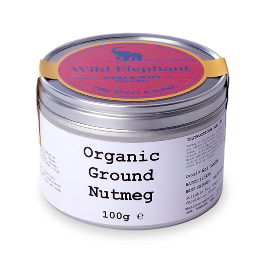 Organic ground nutmeg from Wild Elephant in a clear jar, showcasing the fine, aromatic spice used in herbs and spices collection.
