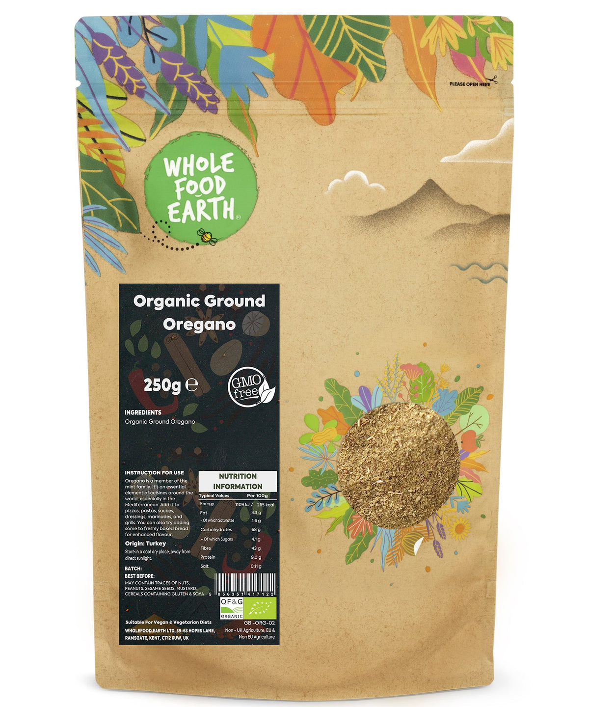 Organic ground oregano from Whole Food Earth, a fresh herb and spice in a 250g package, showcasing dried green oregano leaves.