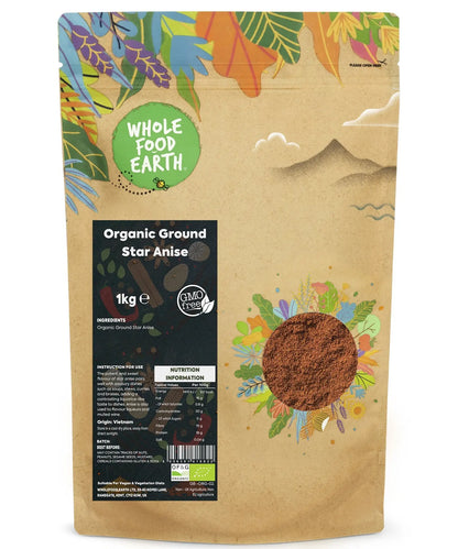 Organic ground star anise from Whole Food Earth, 1kg, showing whole star-shaped spice and ground form in a clear jar.