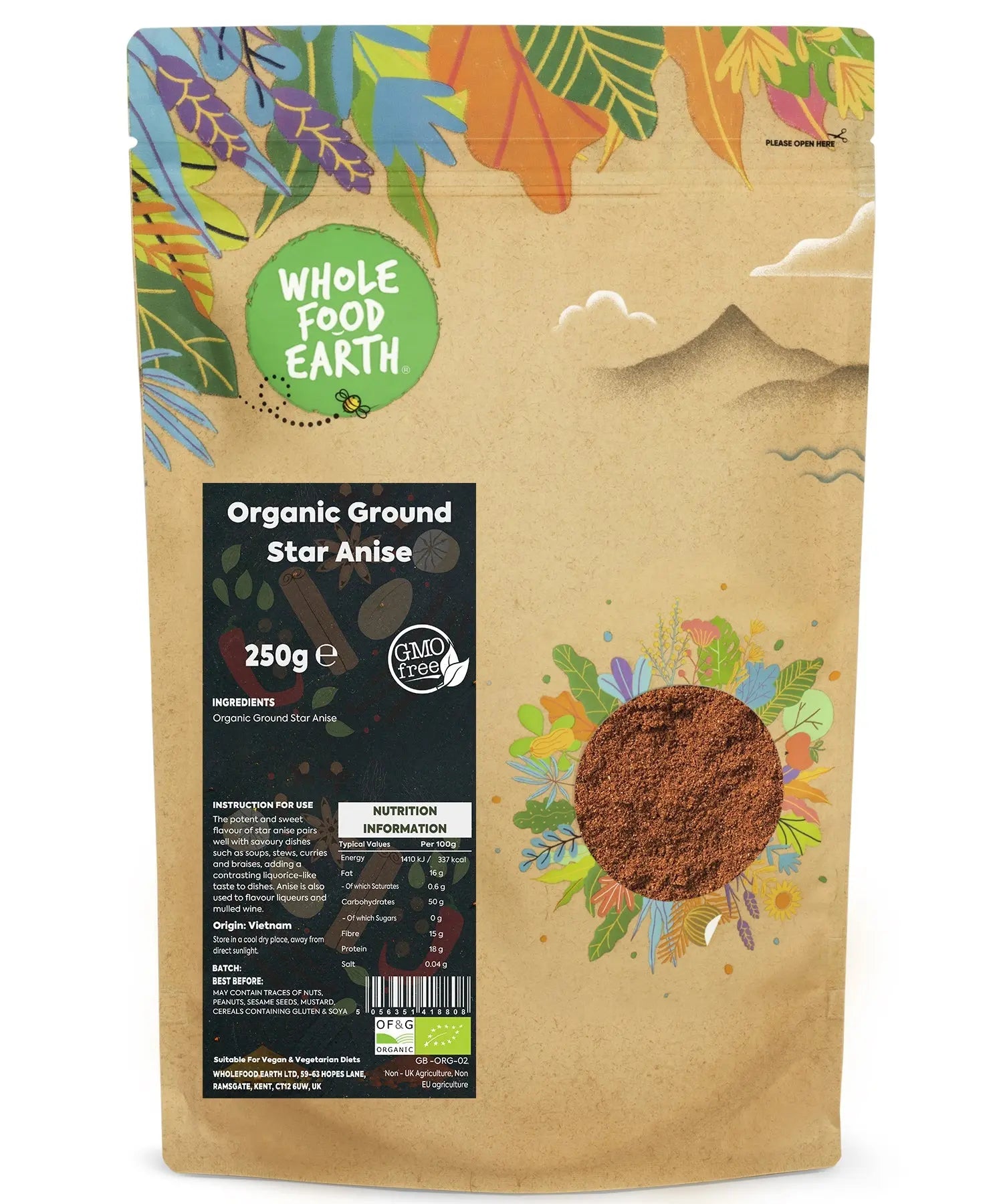 Organic ground star anise spice from Whole Food Earth, showing a close-up of the aromatic, brown spice in a jar.