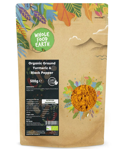 Organic ground turmeric and black pepper in a 500g jar, part of Whole Food Earth's herbs and spices collection.