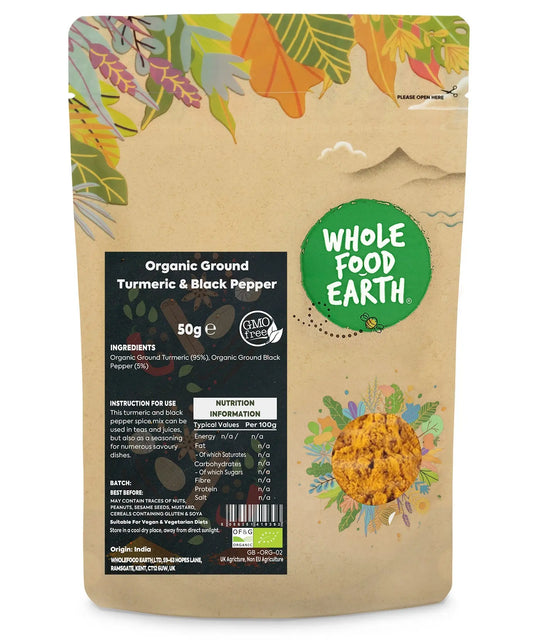 Organic ground turmeric and black pepper in a 50g jar from ArtisanBox, showcasing fresh, vibrant spices for cooking.