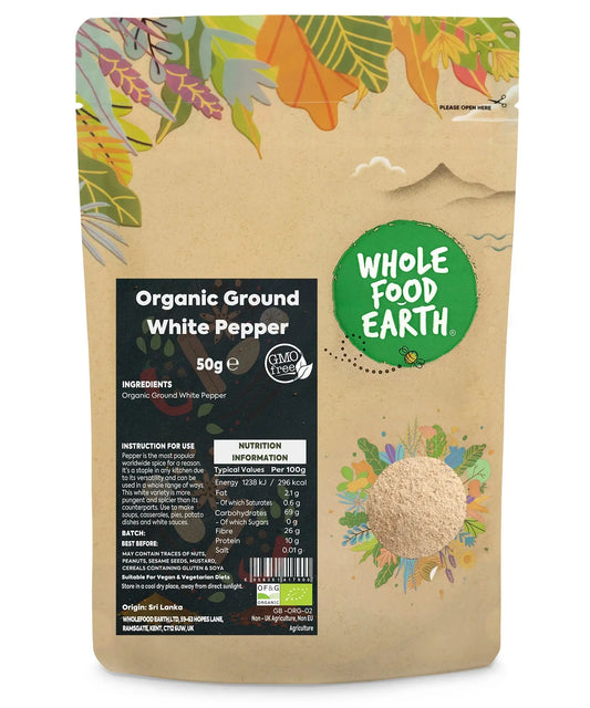 Organic ground white pepper from ArtisanBox, 50g jar, showing white pepper powder in a clear glass container.