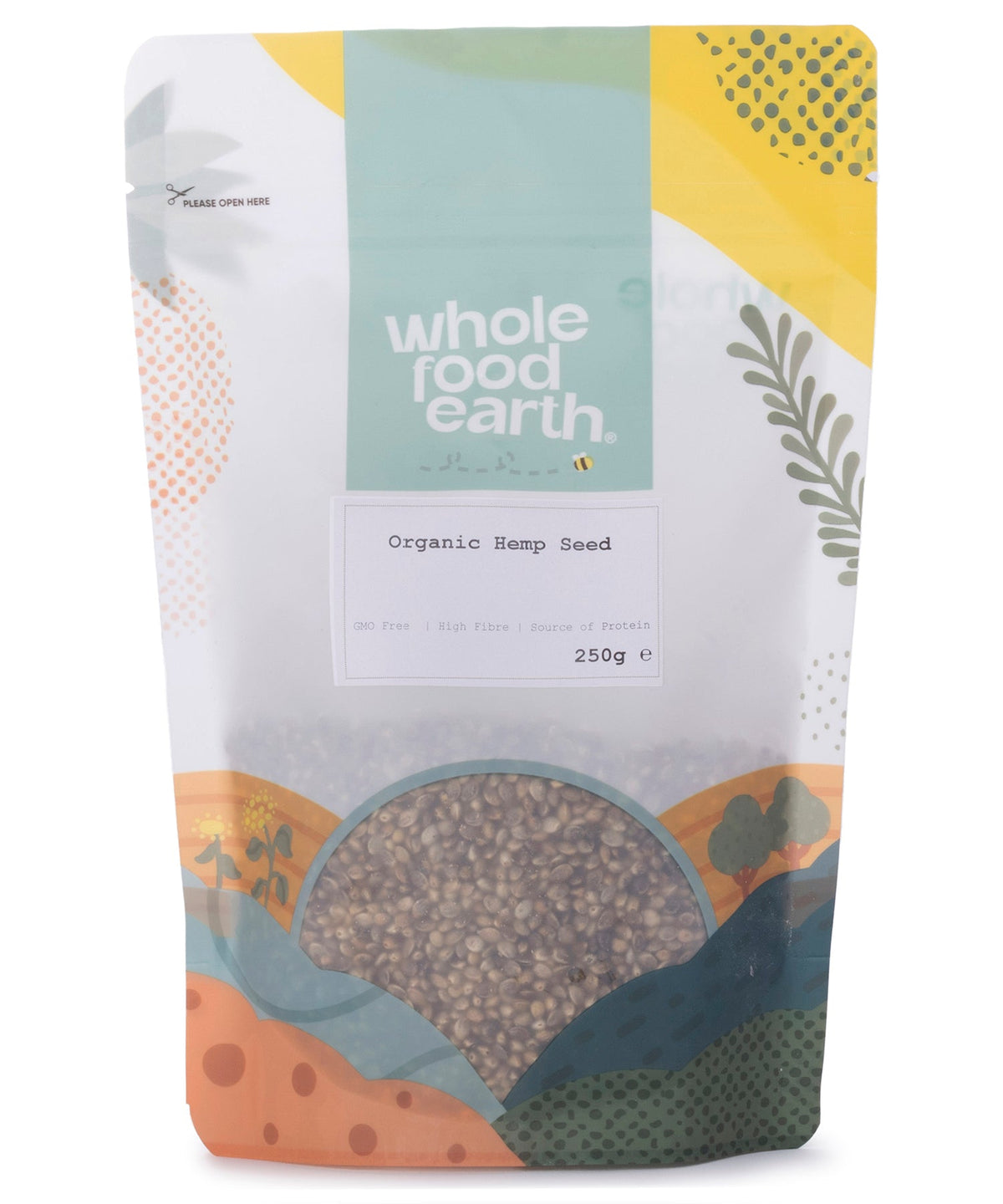 Organic hemp seeds from Whole Food Earth, a nutritious nut and seed product shown in a 250g package.