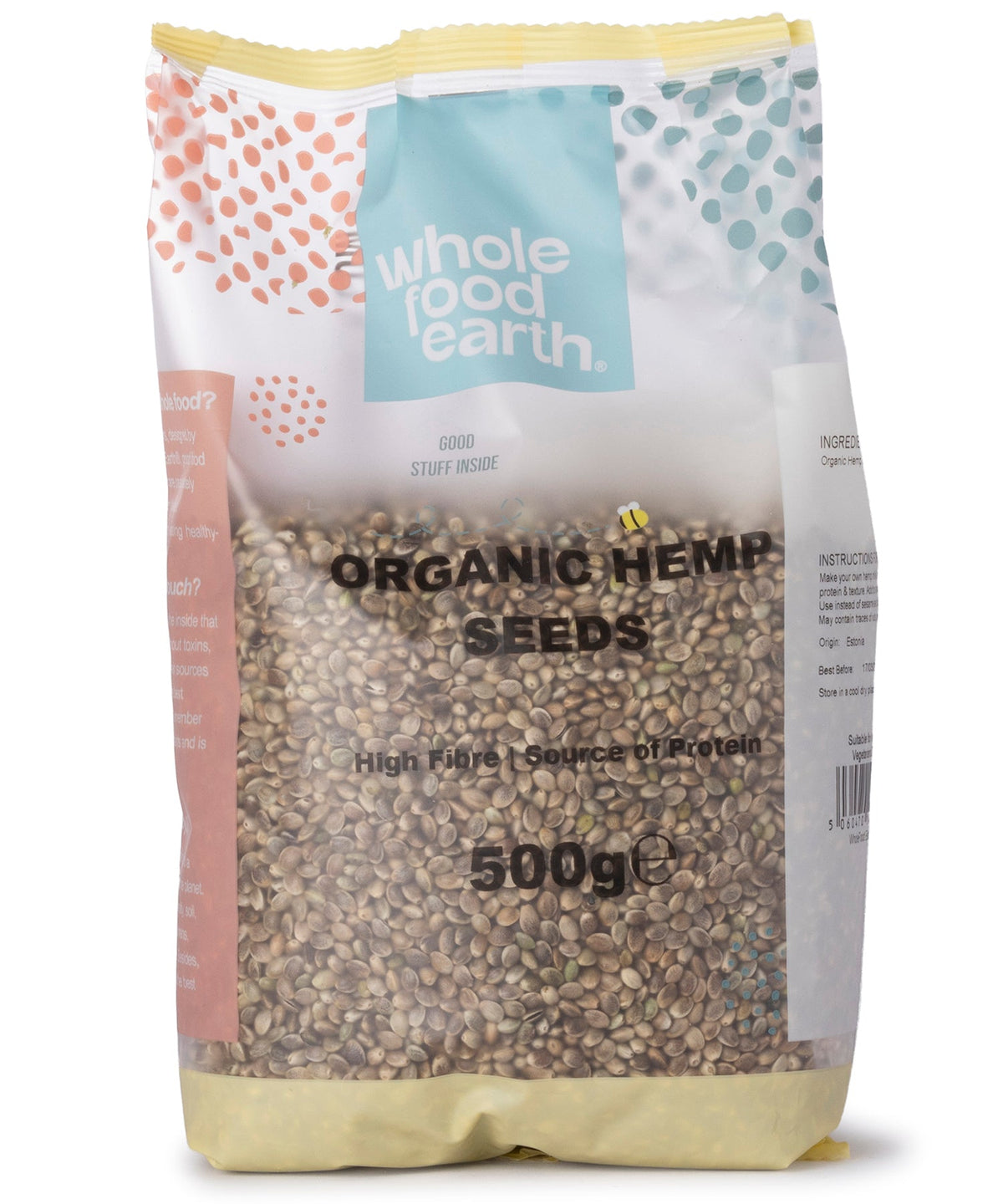 Organic hemp seeds in a 500g bag from Whole Food Earth, showing small, earthy hemp seeds in a clear package.