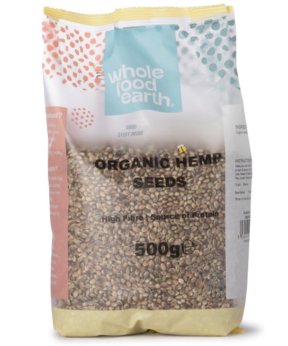 Organic hemp seeds in a 500g bag from Whole Food Earth, showing small, earthy hemp seeds in a clear package.
