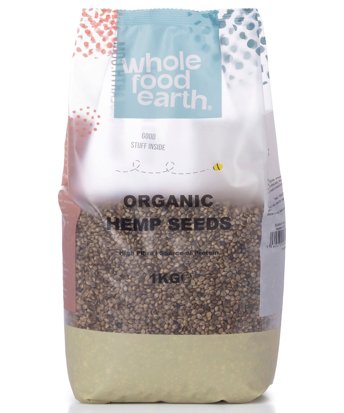 Organic hemp seeds from Whole Food Earth in a 1kg package, showing fresh green seeds in a natural setting.