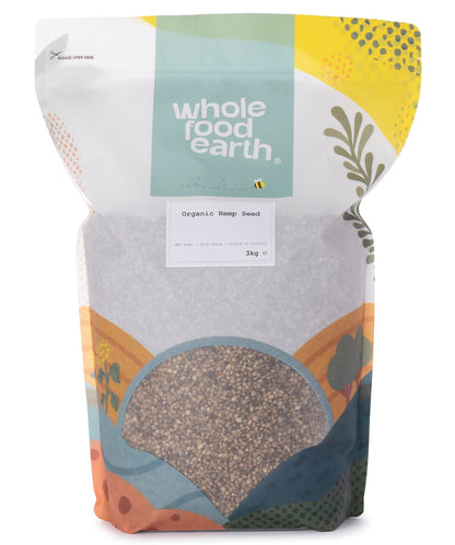 Organic hemp seeds in a 3kg bag from Whole Food Earth, a nutritious nuts and seeds product for healthy snacking and recipes.